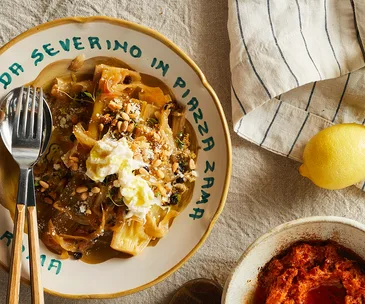 Enrico Tomelleri’s braised leek in saor and stracciatella