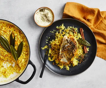 Golden biryani with John Dory and lemon raita