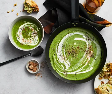 Silverbeet soup with colcannon potato bread
