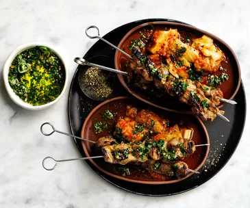 Warm eggplant zaalouk with spiced lamb skewers
