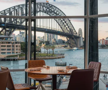 Quay, Sydney restaurant dining room and view of Sydney Harbour Bridge