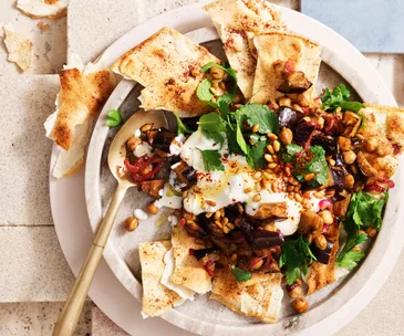 Spiced eggplant and chickpea fatteh