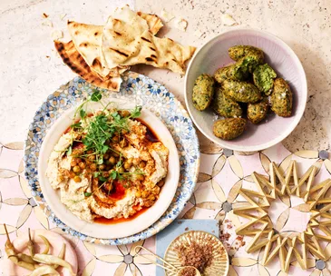 Falafel with cauliflower hummus and burnt paprika butter