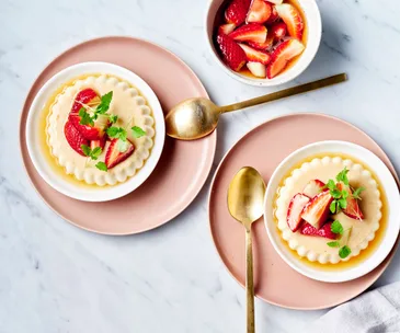 Burnt honey panna cotta with chamomile strawberries