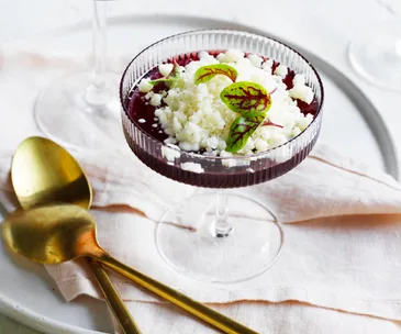 Sparkling shiraz jelly with almond granita