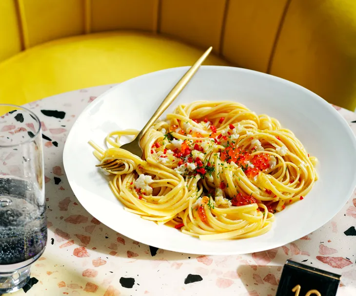 bowl of pasta with crab, chilli and salmon roe