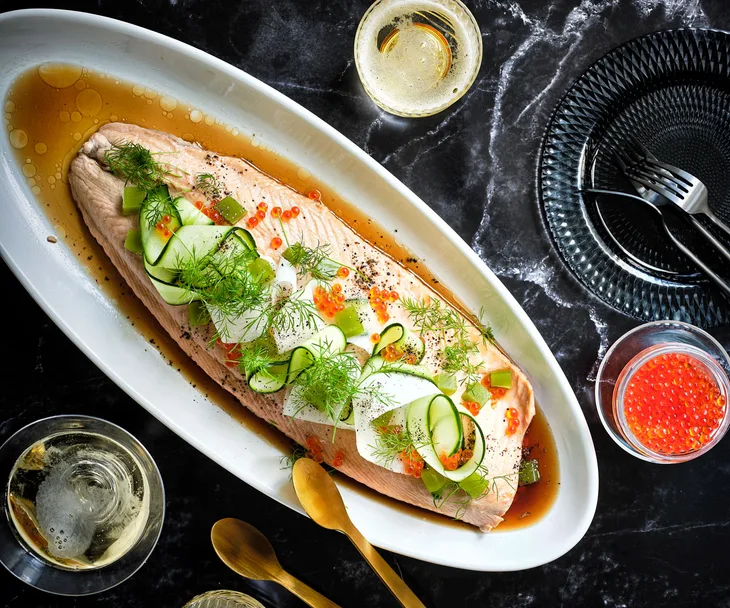 Sake-poached salmon with pickled cucumbers and yuzu-wasabi jelly