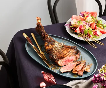 Smoked coffee and spice-rubbed tomahawk steaks