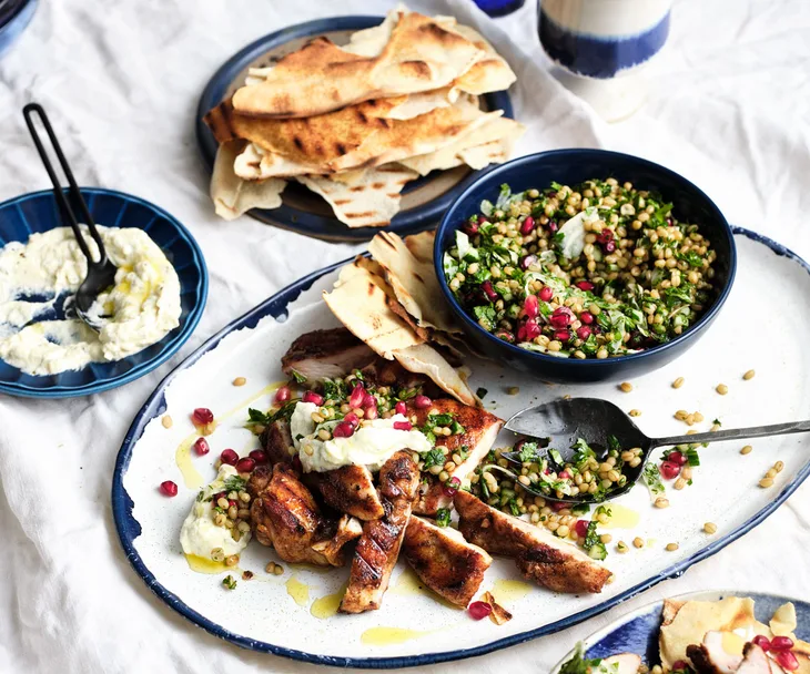 Shawarma-spiced chicken with pomegranate tabbouleh