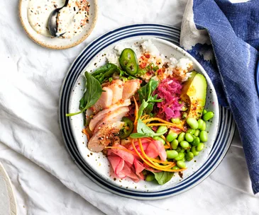 Kombu-cured kingfish poke bowl