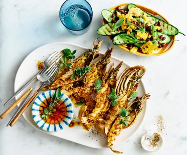 Barbecued Balmain bugs with charred corn salsa