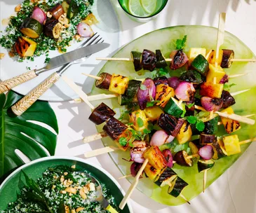 Sweet and sour eggplant skewers with coconut and kale sambal