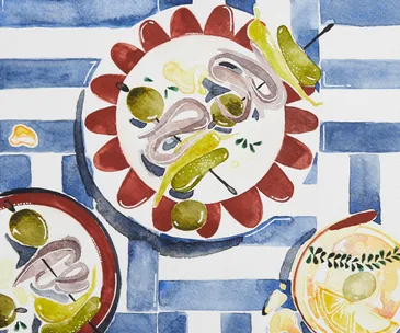 Ilustration of table setting with blue and white table cloth and three plates of food