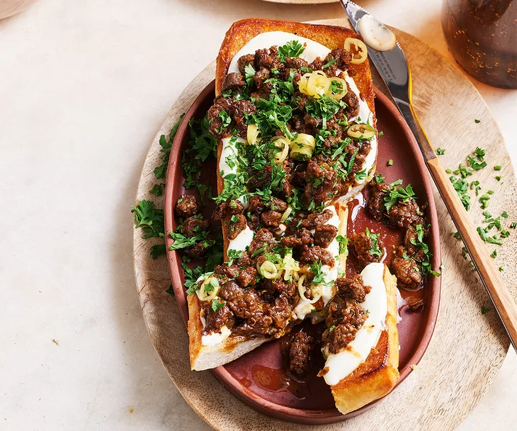 Spanish-style chopped steak open sandwich recipe