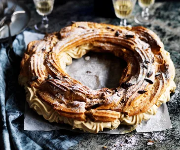Paris-Brest of choux pastry filled with roasted almond crème pâtissière