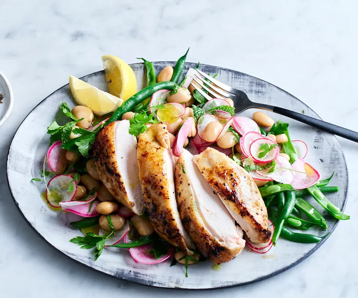 Lemon chicken with bean and radish salad