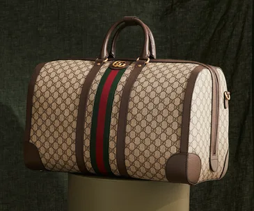 Gucci Savoy Large Duffel Bag with Gucci patterned canvas and classic Gucci green and red