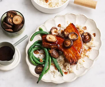 Pork belly with mirin glaze, ginger rice and pickled shiitake mushrooms