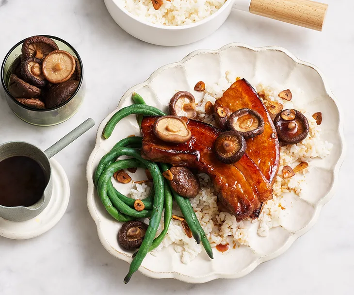 Pork belly with mirin glaze, ginger rice and pickled shiitake mushrooms