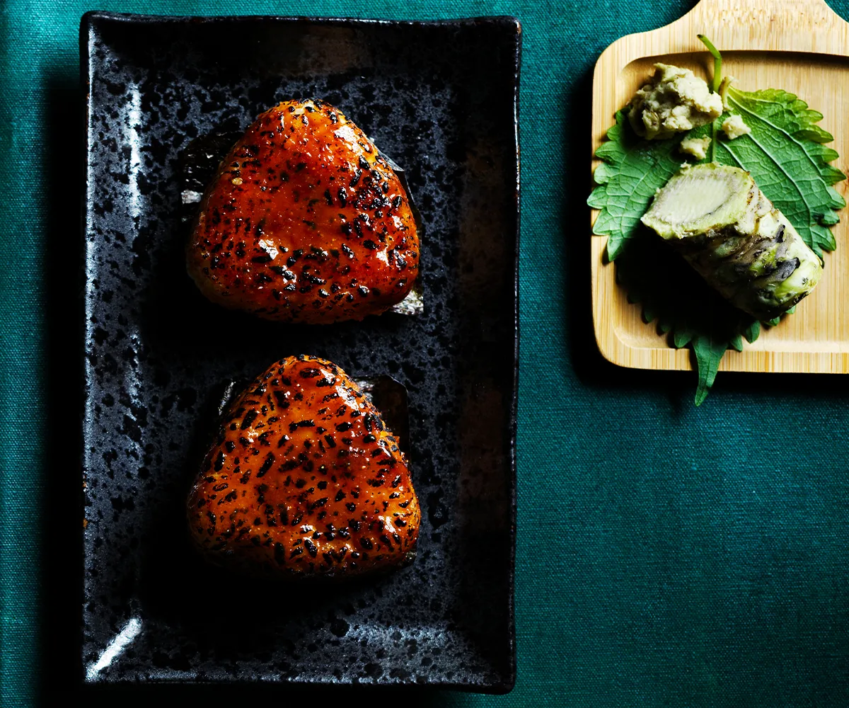 Onigiri (Japanese rice balls) with nori and brushed with miso glaze