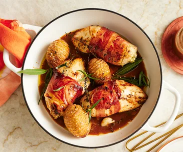 Proscuitto wrapped chicken (chicken involtini) with fig and goat's cheese stuffing