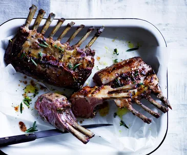 Slow-roasted lamb rack with white beans and black garlic aïoli
