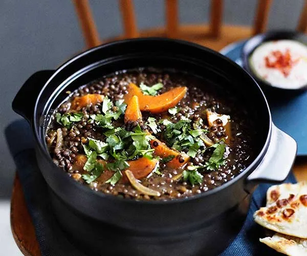 Green lentil soup with pumpkin and harissa
