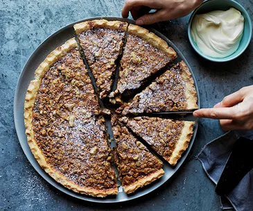 Walnut, whiskey and salted caramel pie