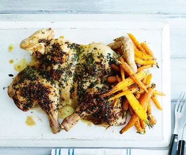 Roast chicken with tarragon butter and Dutch carrots