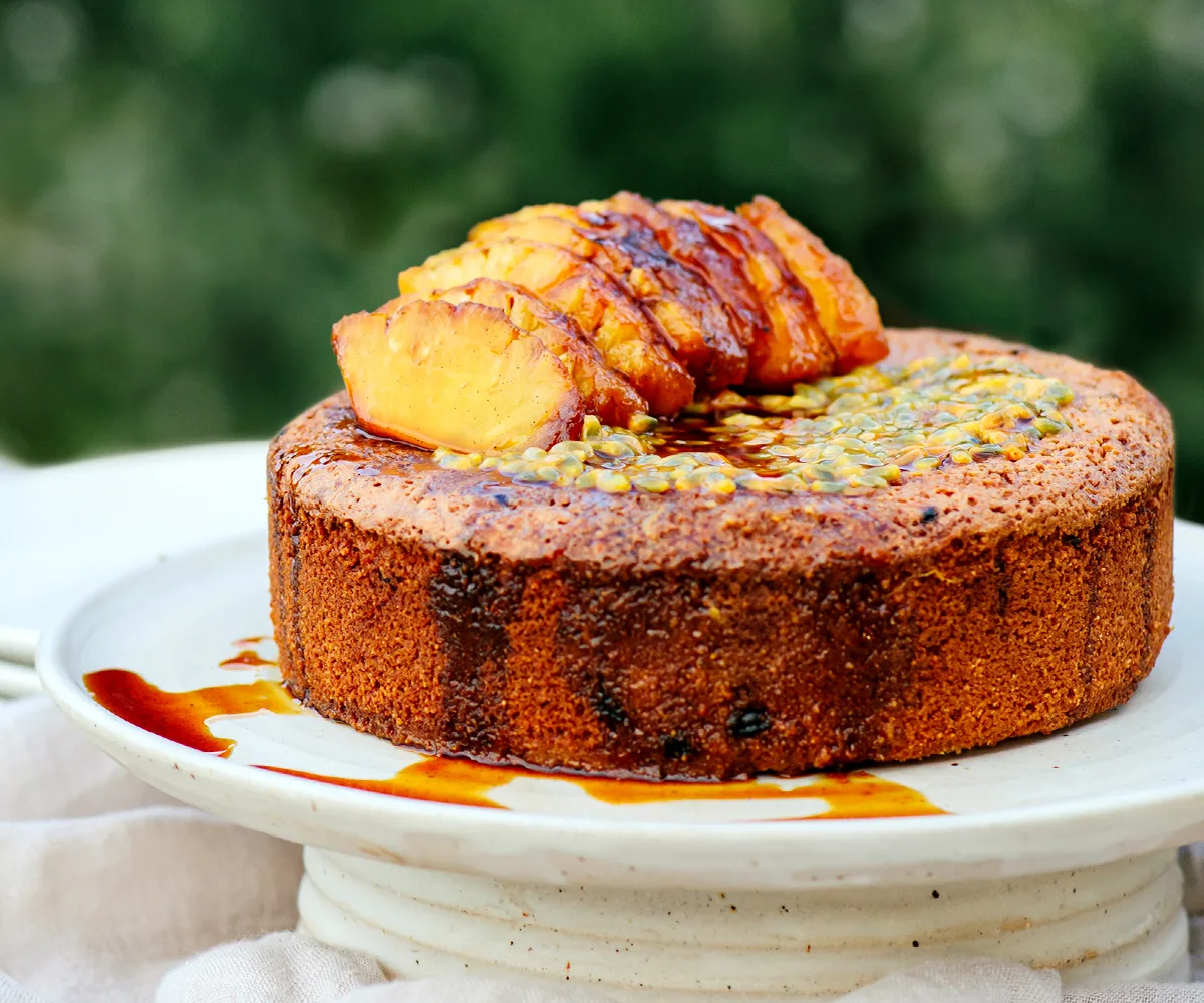 Gluten free passionfruit and almond cake with honey-roasted pineapple by Frida's Field