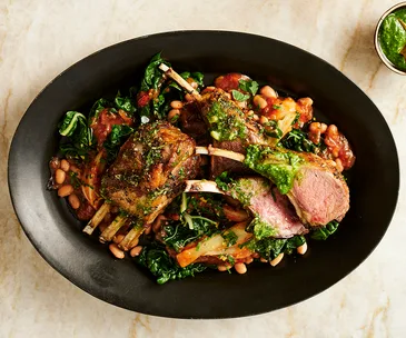 Roast lamb rack recipe with braised silverbeet, fennel and macadamia pesto