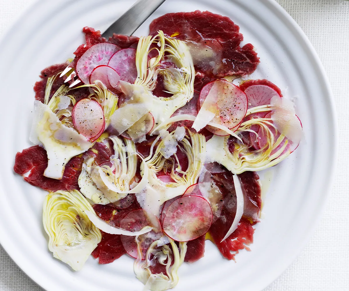 Beef carpaccio with artichoke and radish