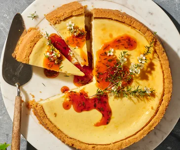 Whole-lemon and labne cheesecake with honey and thyme syrup