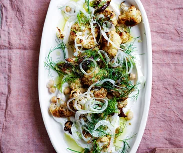 Roasted cauliflower salad with yoghurt dressing and almonds