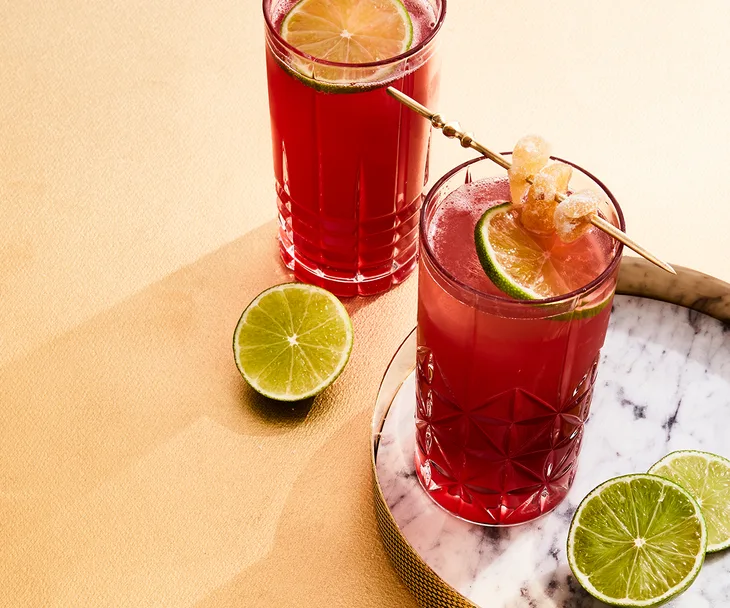 Two glasses of a Blackberry Buck cocktail.