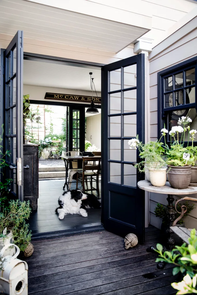 Border Collie lying at the opening of French doors which lead into a restored courtyard.