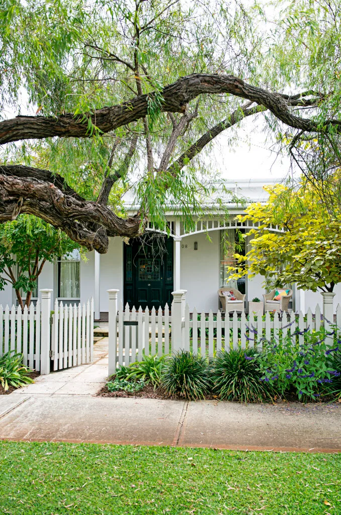 White Federation home facade with evergreen, low-maintenance garden and white picket fence.