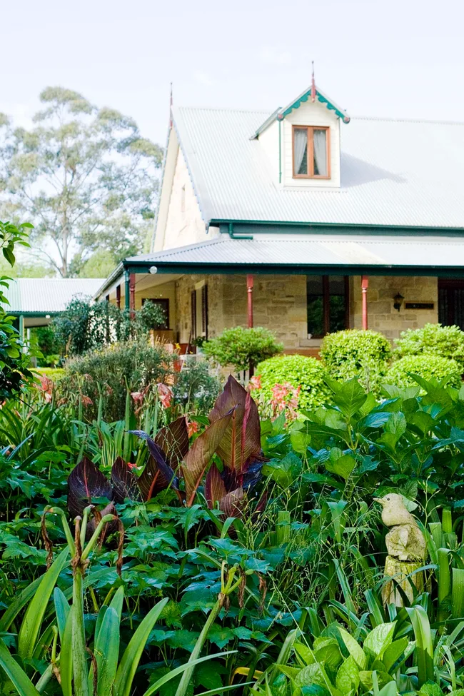 Sandstone homestead in the Blue Mountains with a lush garden in the foreground featuring calla lilies, hydrangeas, acanthus and hippeastrum.