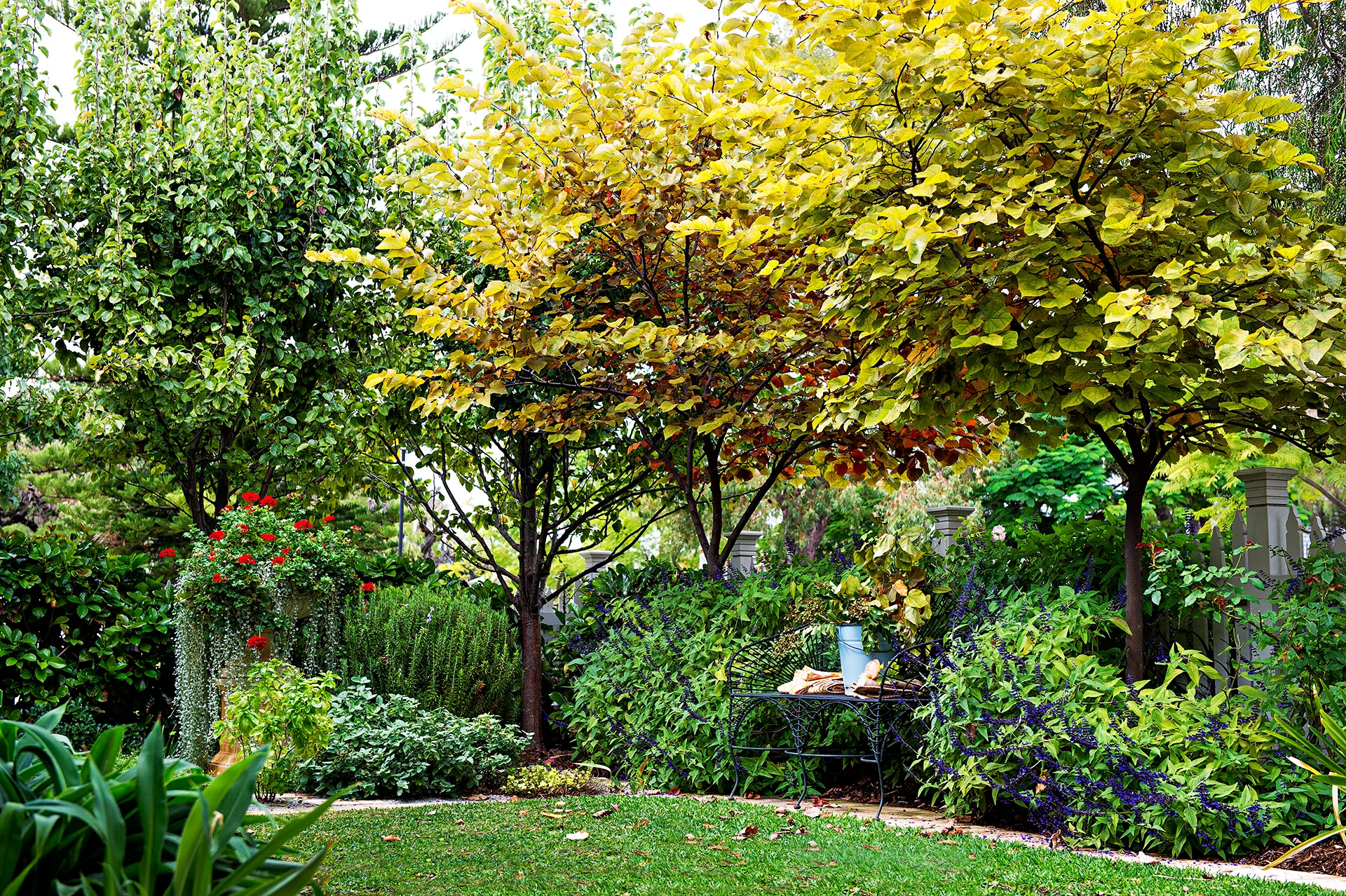 Landscape picture of evergreen garden with bistro seating setting.