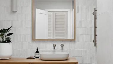 Modern bathroom with timber vanity and stone composite sink.