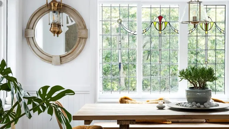 Stained glass windows in the dining room.