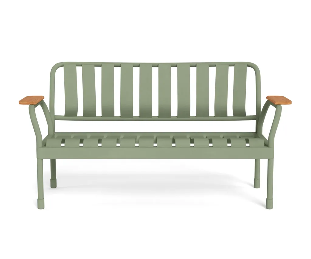 A green outdoor chair that seats two