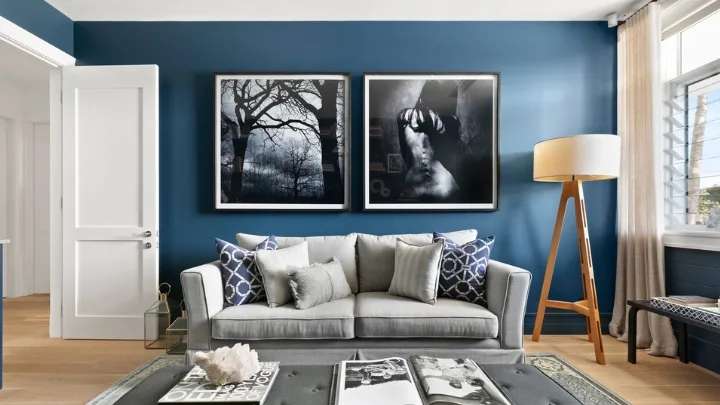 A blue living room in Deborah Hutton's bronte home