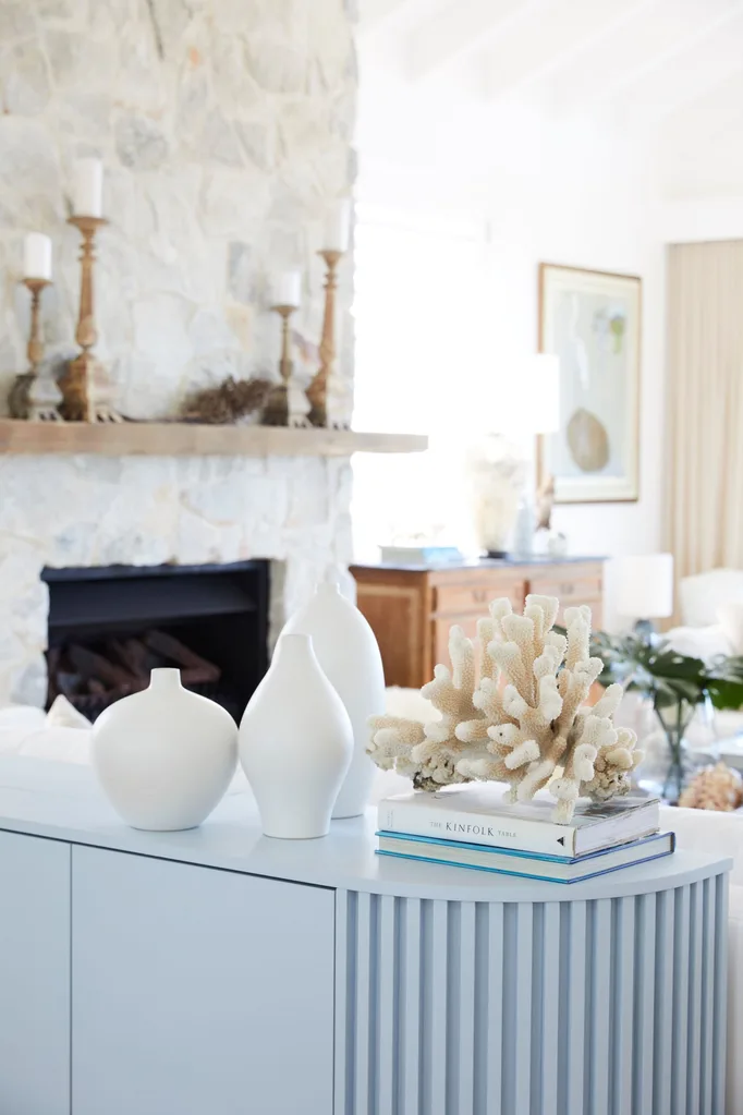 Details on a blue side table in the living room at Deborah Hutton's Bronte home