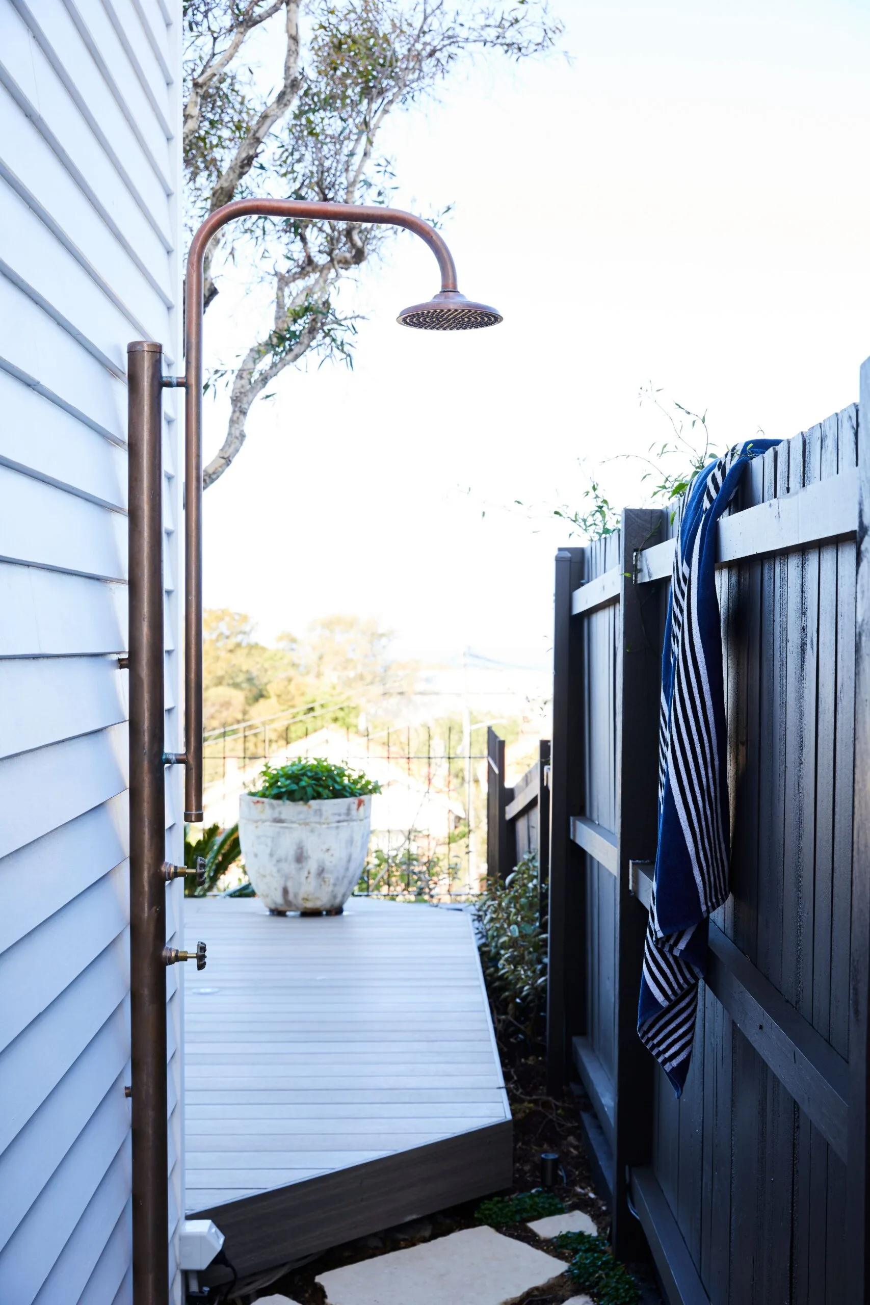 A copper rainfall outdoor shower at Deborah Hutton's old Bronte home
