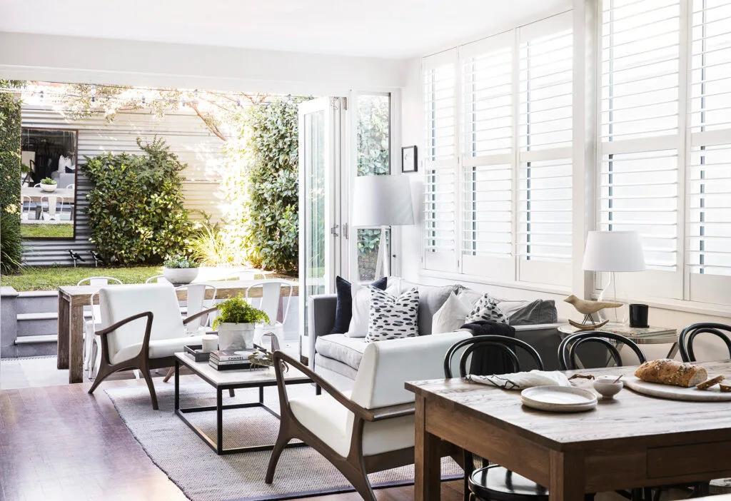 Interior view of a terrace house extension which houses the open plan kitchen, dining and living areas.