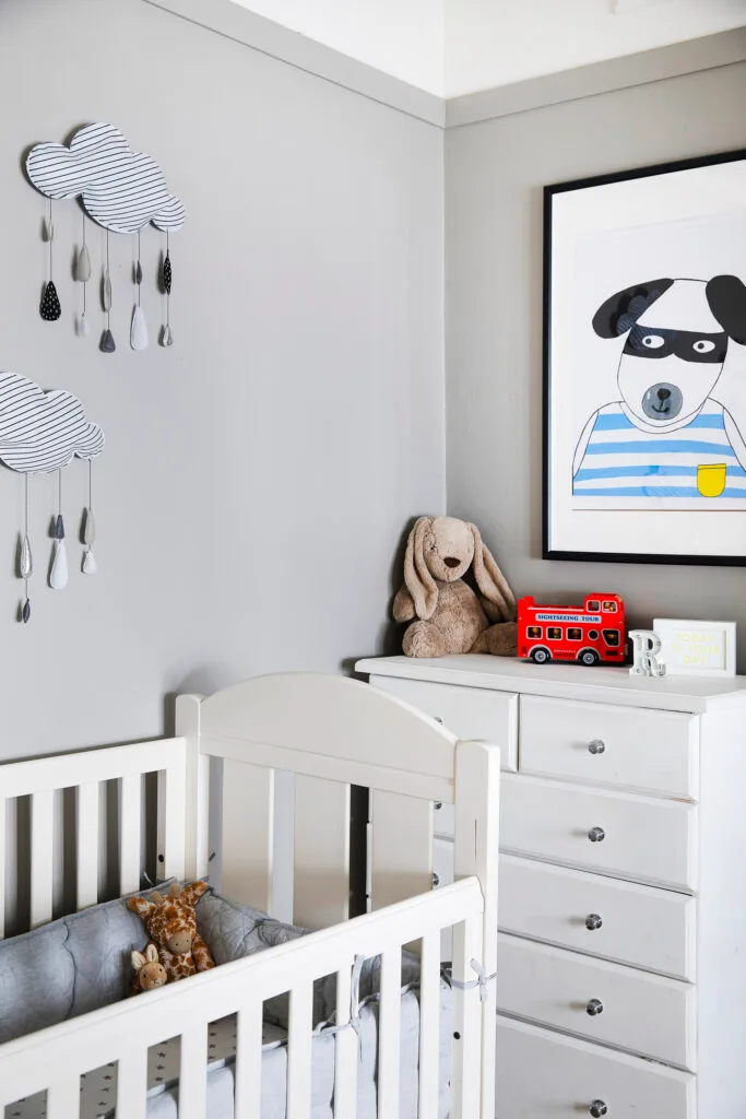 Grey and white baby nursery.