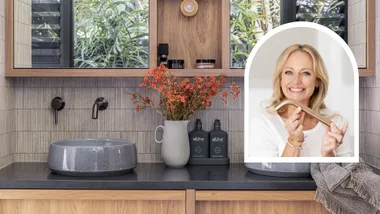 Close up of contemporary Australian bathroom vanity with a portrait of Shelley Craft inset