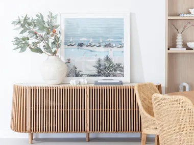 Pila American Oak timber buffet sideboard with slatted finish measuring 200cm with Italian Travertine top