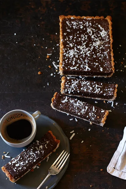 Chocolate caramel slice with macaroon crust recipe Recipe | Home Beautiful
